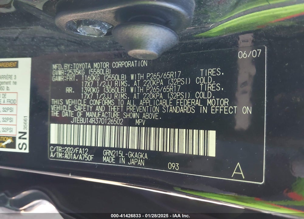 2007 TOYOTA 4RUNNER VIN: JTEBU14R370126502