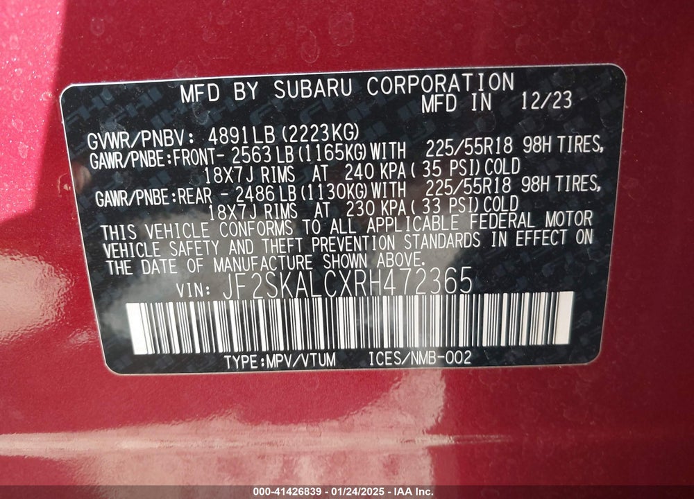 2024 SUBARU FORESTER LIMITED VIN: JF2SKALCXRH472365