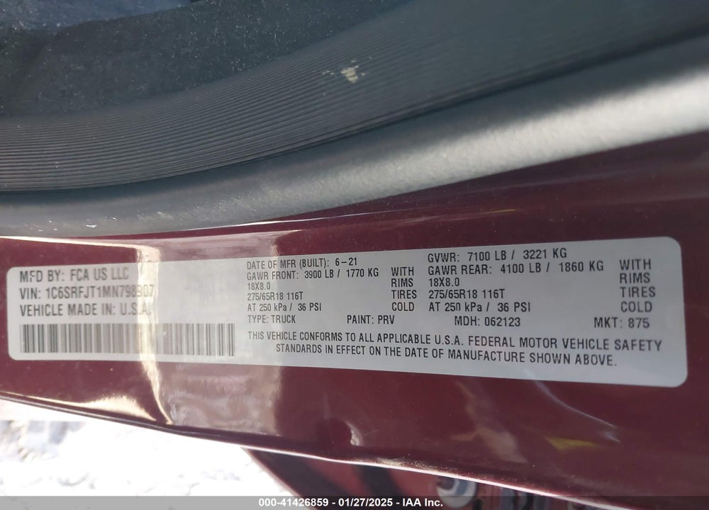 2021 RAM 1500 VIN: 1C6SRFJT1MN798907