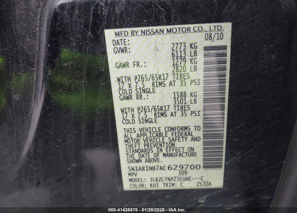 2010 NISSAN PATHFINDER SE VIN: 5N1AR1NB7AC629700