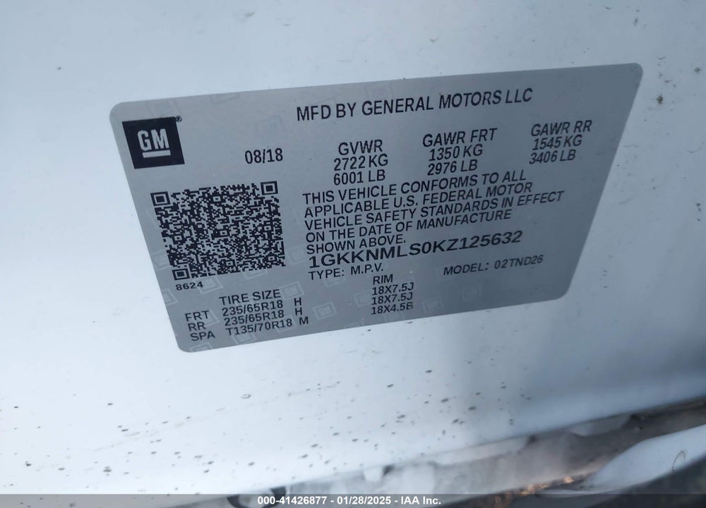 2019 GMC ACADIA SLT-1 VIN: 1GKKNMLS0KZ125632