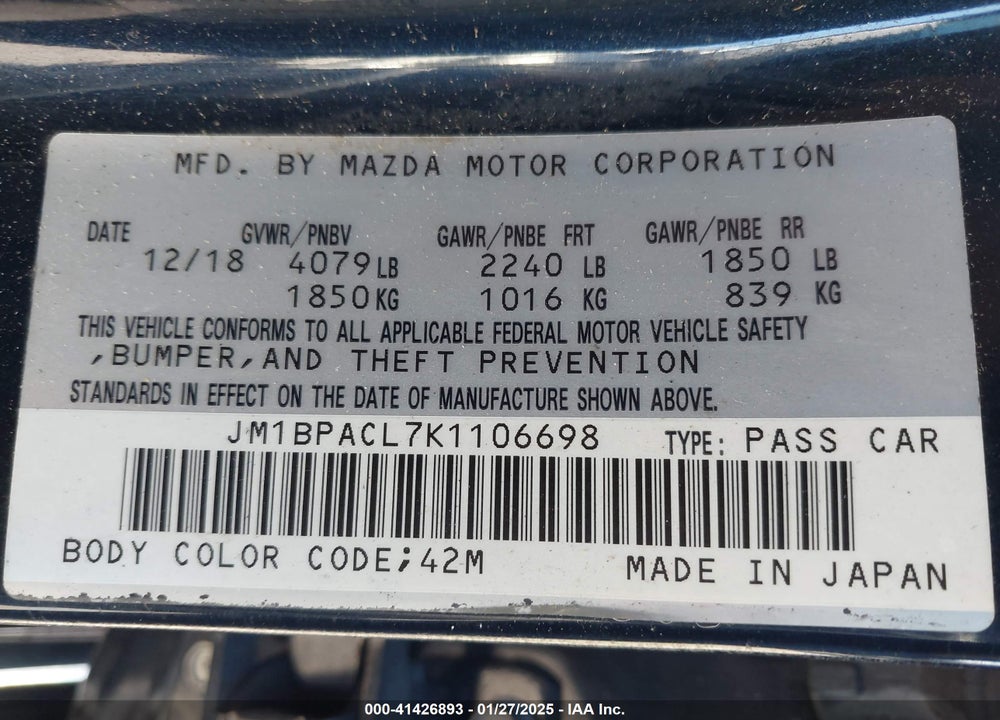 2019 MAZDA 3 VIN: JM1BPACL7K1106698