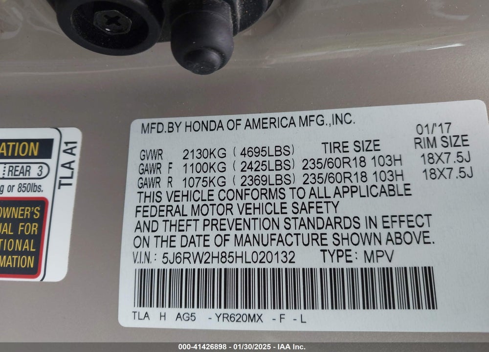 2017 HONDA CR-V VIN: 5J6RW2H85HL020132