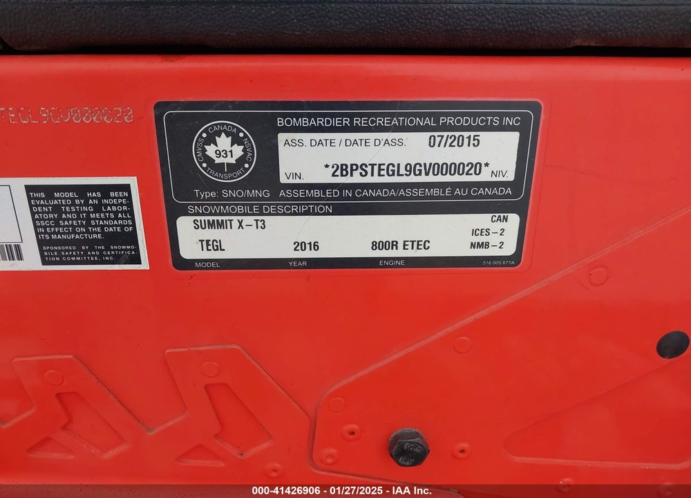 2016 BOMBARDIER SUMMIT VIN: 2BPSTEGL9GV000020