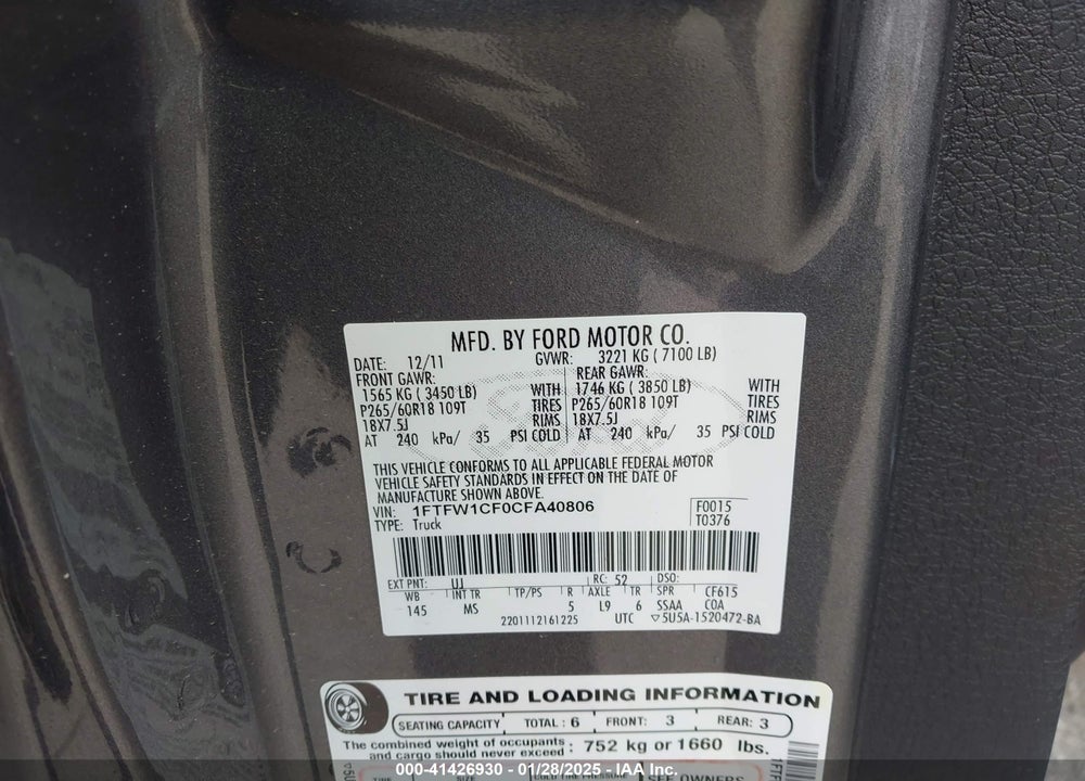 2012 FORD F150 VIN: 1FTFW1CF0CFA40806