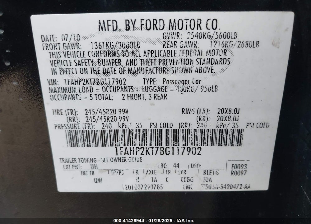 2011 FORD TAURUS SHO VIN: 1FAHP2KT7BG117902