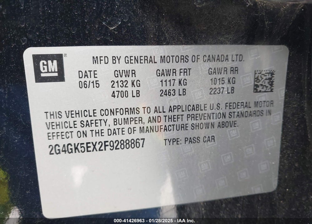 2015 BUICK REGAL TURBO VIN: 2G4GK5EX2F9288867