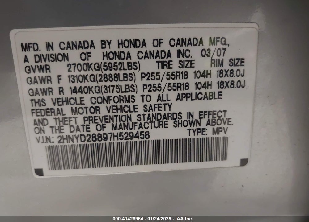 2007 ACURA MDX SPORT PACKAGE VIN: 2HNYD28897H529458