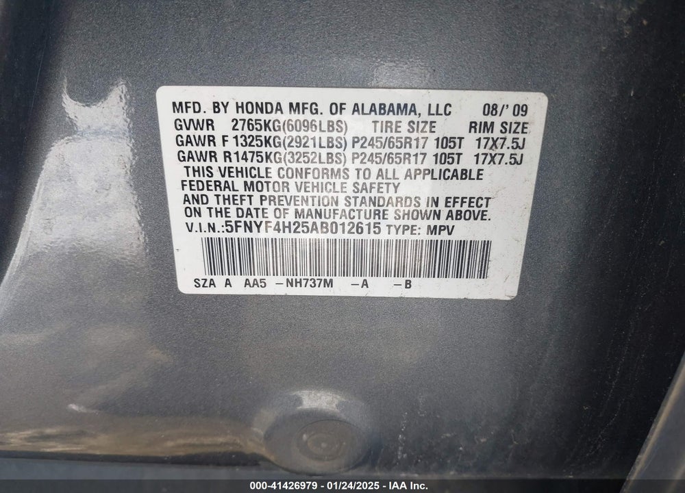 2010 HONDA PILOT LX VIN: 5FNYF4H25AB012615