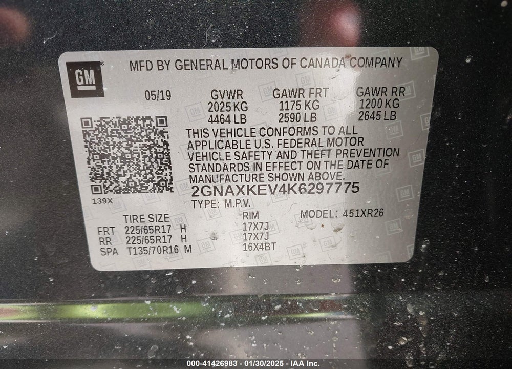 2019 CHEVROLET EQUINOX LT VIN: 2GNAXKEV4K6297775