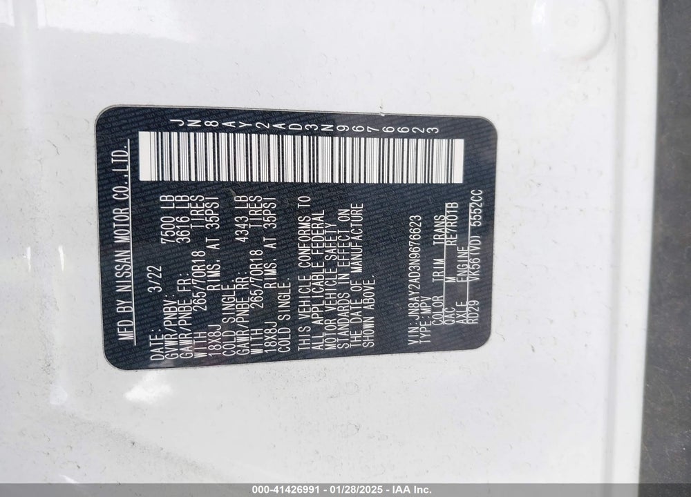 2022 NISSAN ARMADA SV 4WD VIN: JN8AY2AD3N9676623