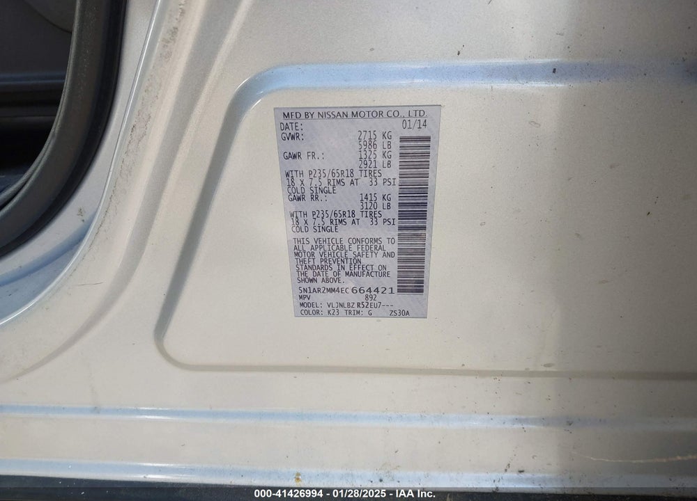 2014 NISSAN PATHFINDER VIN: 5N1AR2MM4EC664421