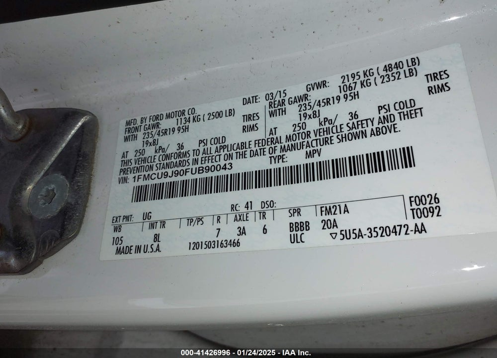 2015 FORD ESCAPE VIN: 1FMCU9J90FUB90043