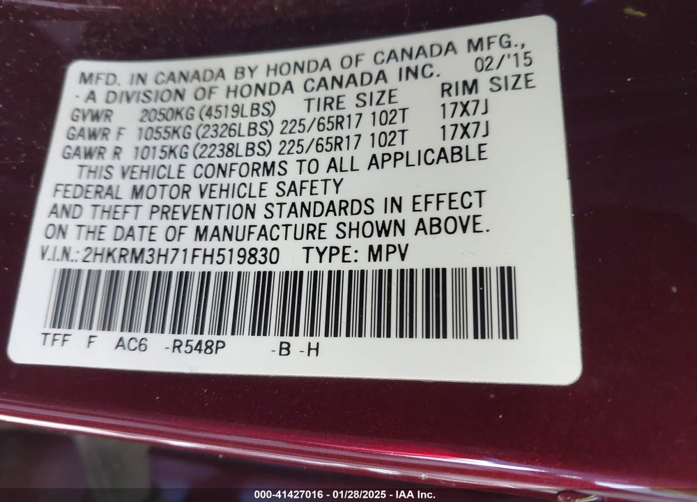 2015 HONDA CR-V EX-L VIN: 2HKRM3H71FH519830