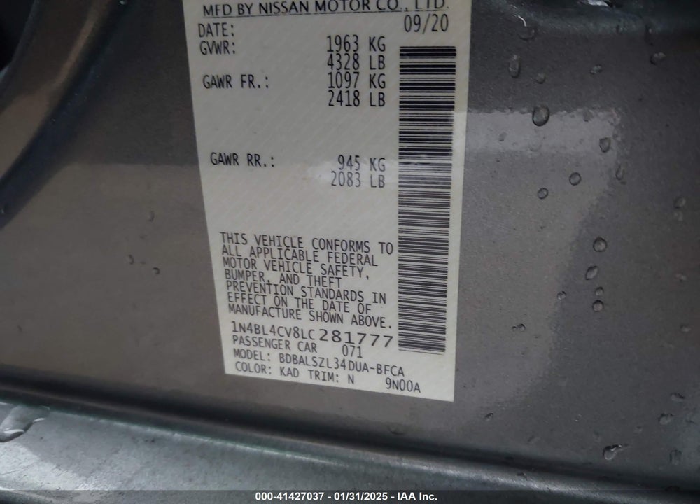 2020 NISSAN ALTIMA VIN: 1N4BL4CV8LC281777