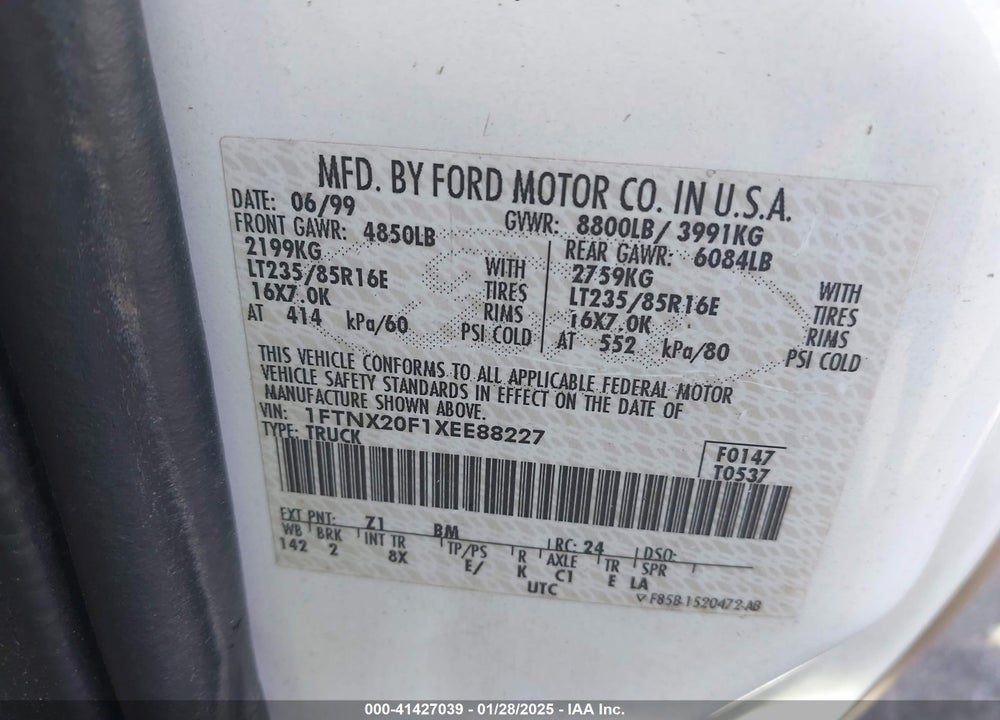 1999 FORD F-250 LARIAT/XL/XLT VIN: 1FTNX20F1XEE88227