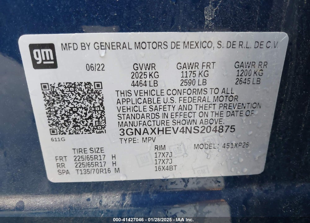 2022 CHEVROLET EQUINOX FWD LS VIN: 3GNAXHEV4NS204875