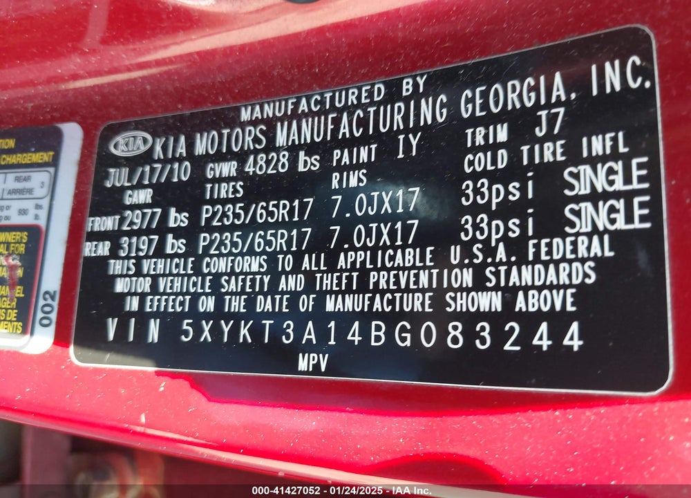2011 KIA SORENTO LX VIN: 5XYKT3A14BG083244