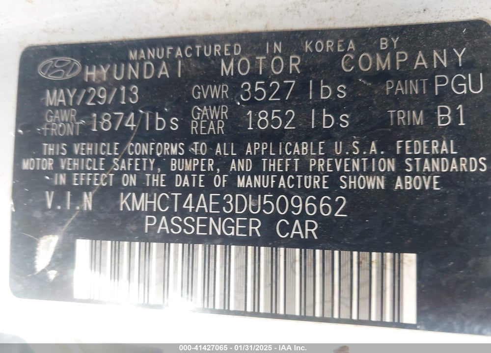 2013 HYUNDAI ACCENT VIN: KMHCT4AE3DU509662