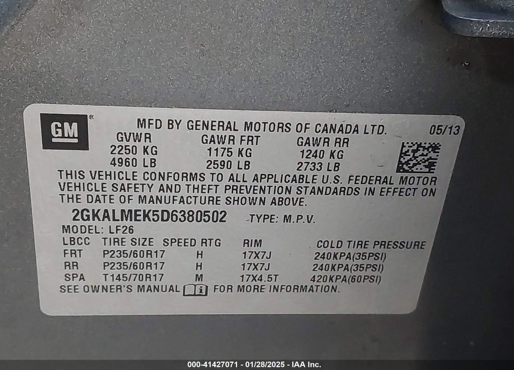 2013 GMC TERRAIN SLE-1 VIN: 2GKALMEK5D6380502