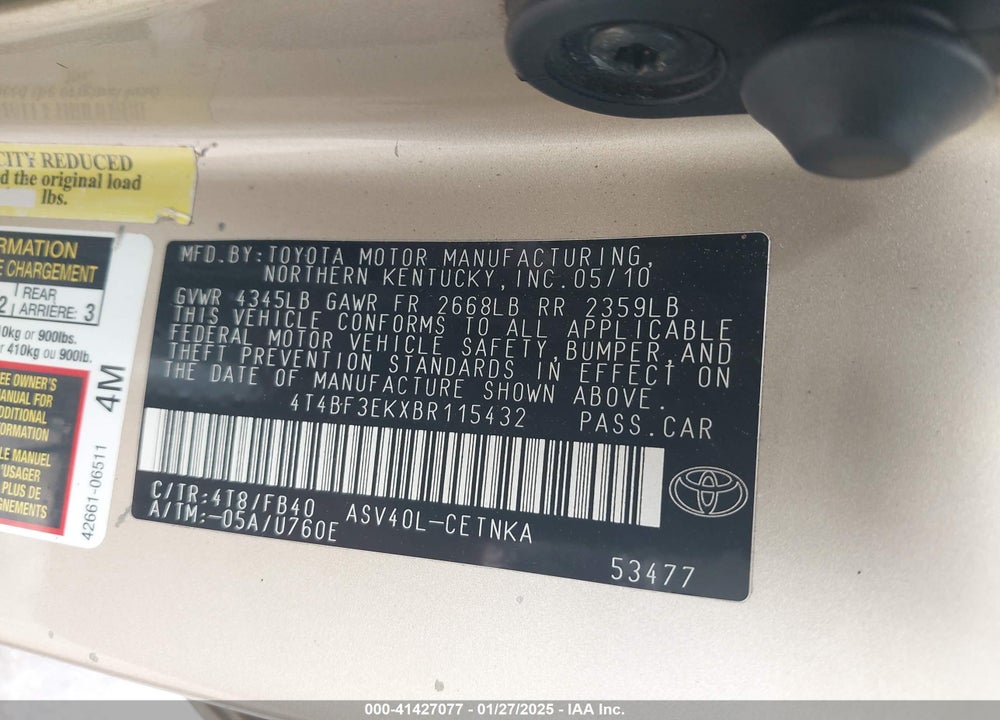2011 TOYOTA CAMRY VIN: 4T4BF3EKXBR115432