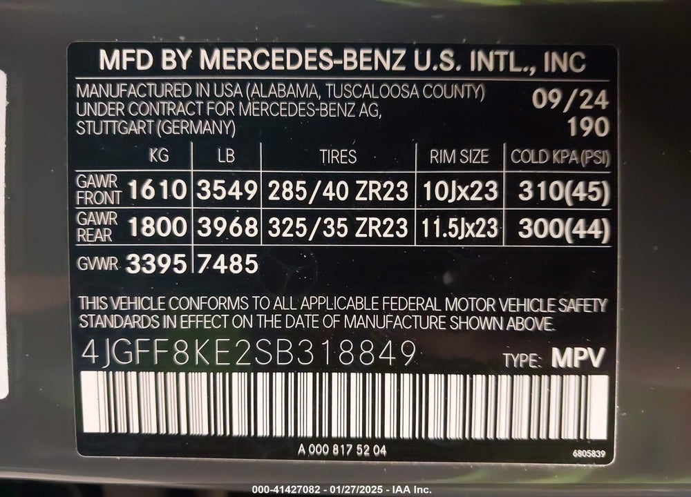 2025 MERCEDES-BENZ AMG GLS 63 VIN: 4JGFF8KE2SB318849