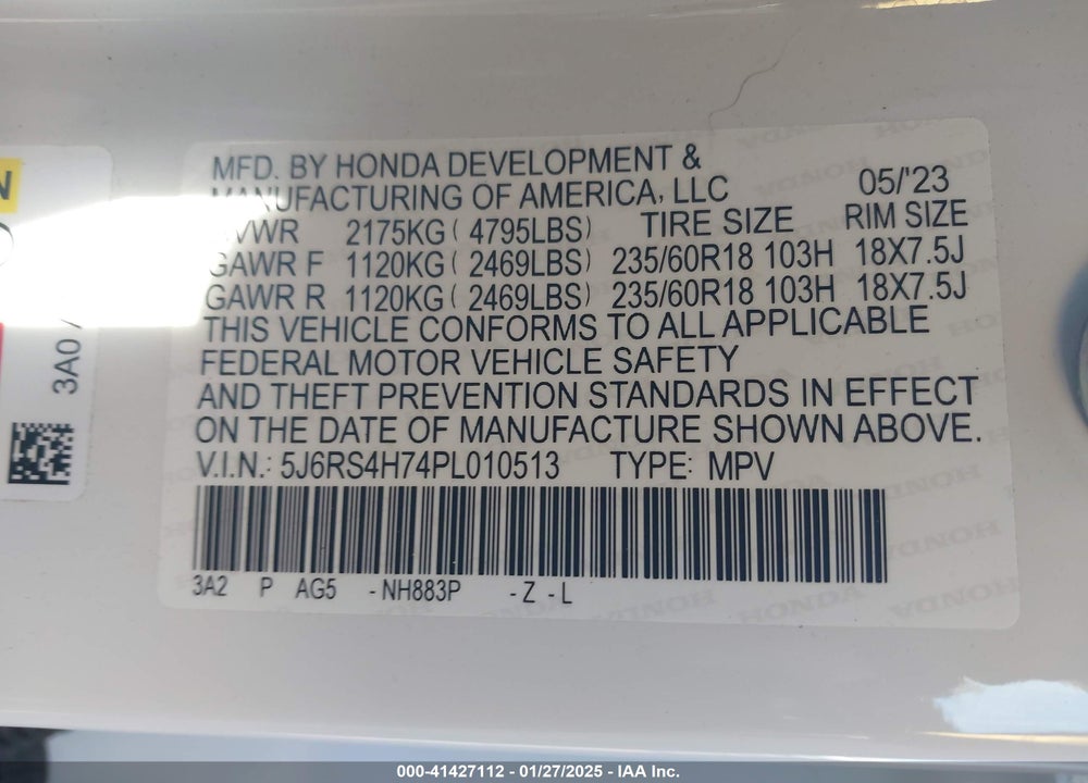 2023 HONDA CR-V VIN: 5J6RS4H74PL010513