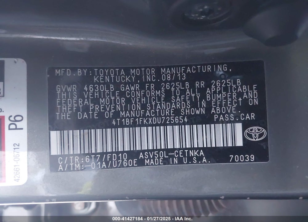 2013 TOYOTA CAMRY VIN: 4T1BF1FKXDU725654