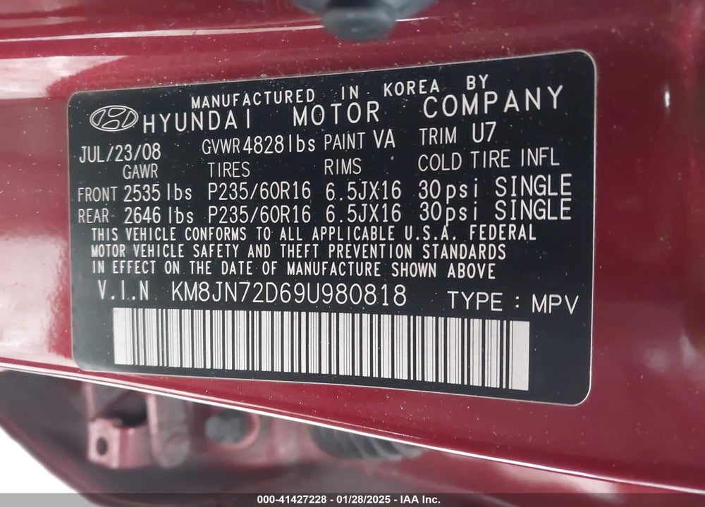 2009 HYUNDAI TUCSON SE VIN: KM8JN72D69U980818