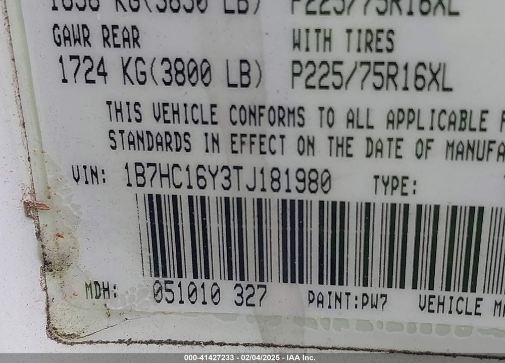 1996 DODGE RAM 1500 VIN: 1B7HC16Y3TJ181980