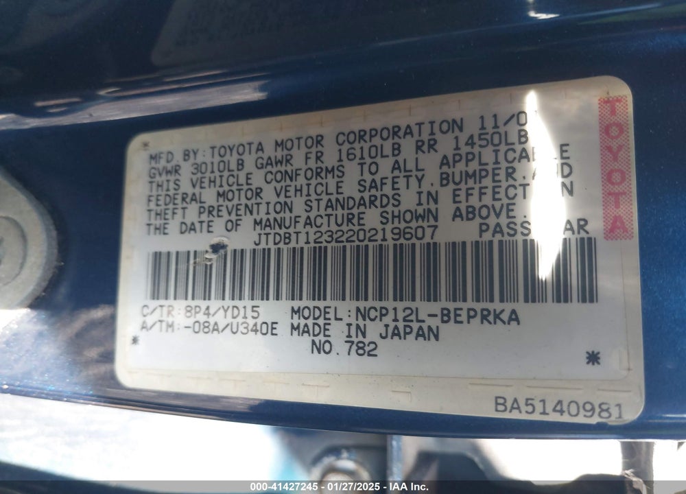 2002 TOYOTA ECHO VIN: JTDBT123220219607