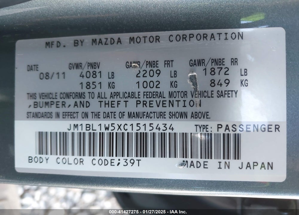 2012 MAZDA 3 S GRAND TOURING VIN: JM1BL1W5XC1515434
