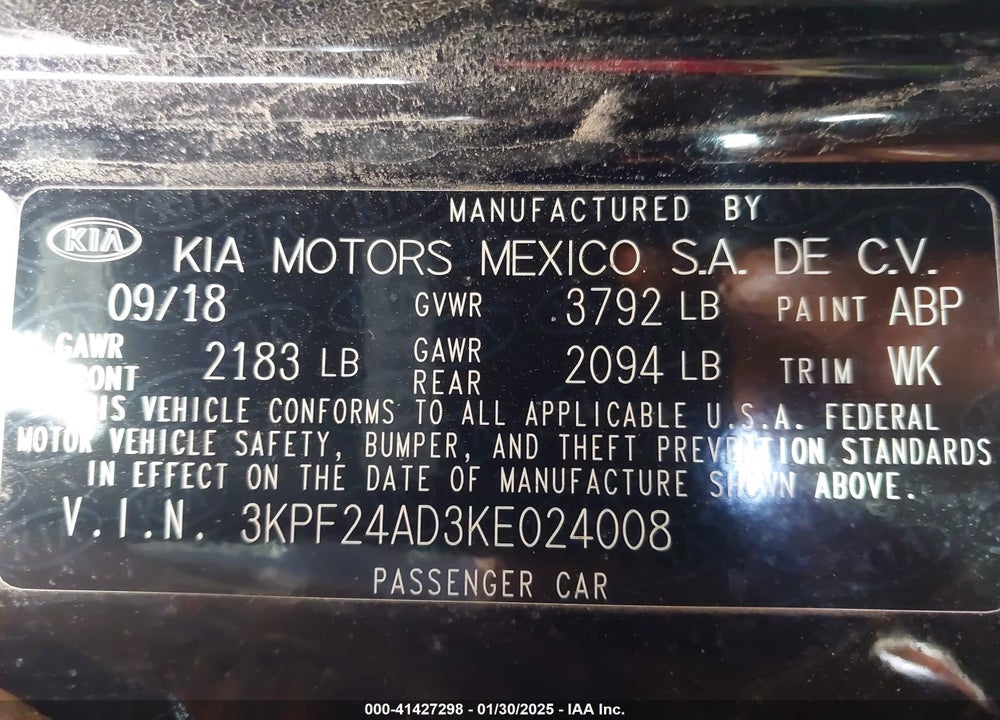 2019 KIA FORTE LXS VIN: 3KPF24AD3KE024008