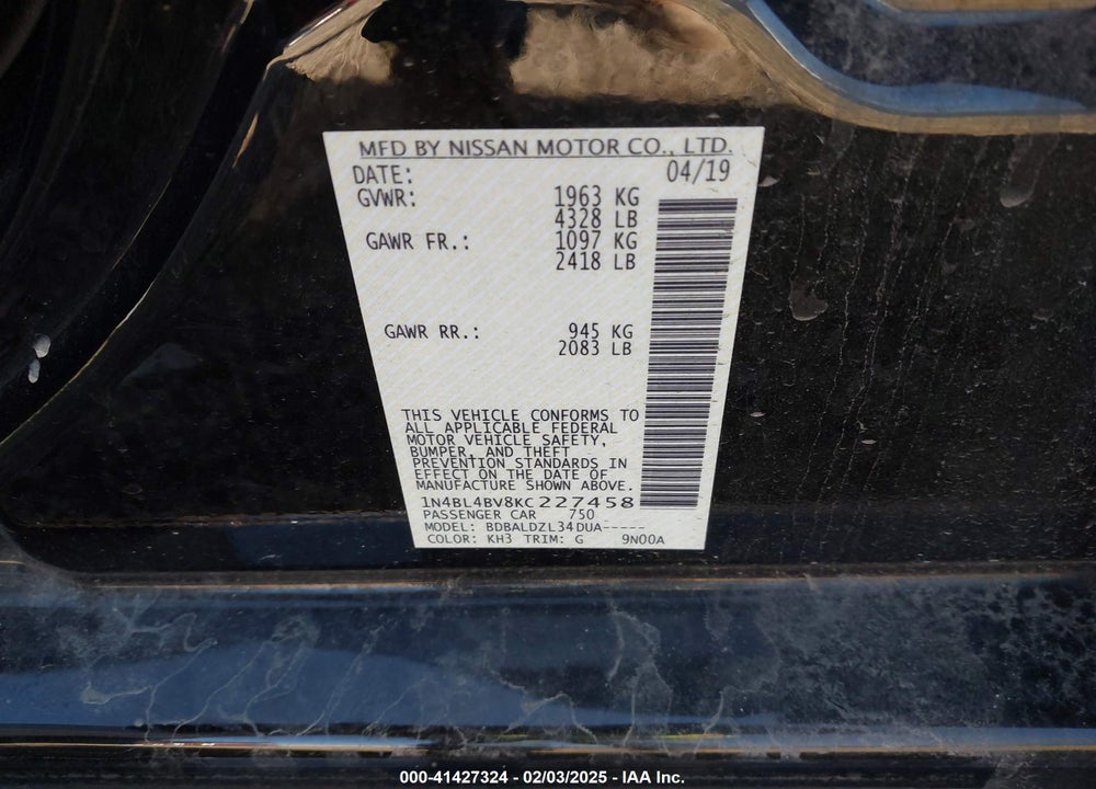 2019 NISSAN ALTIMA VIN: 1N4BL4BV8KC227458