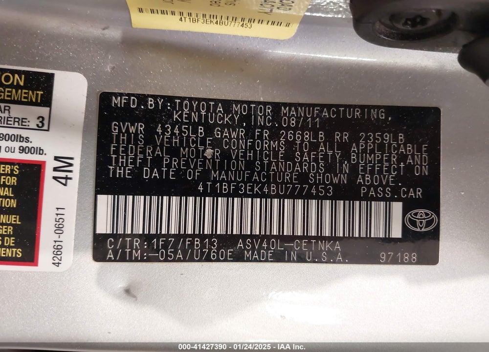 2011 TOYOTA CAMRY LE VIN: 4T1BF3EK4BU777453
