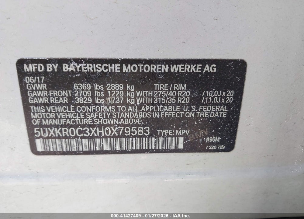 2017 BMW X5 XDRIVE35I VIN: 5UXKR0C3XH0X79583