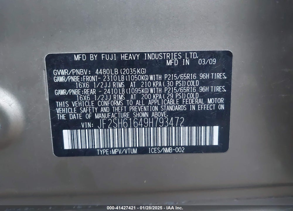 2009 SUBARU FORESTER 2.5X VIN: JF2SH61649H793472