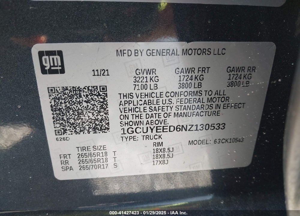 2022 CHEVROLET ALL MODELS VIN: 1GCUYEED6NZ130533