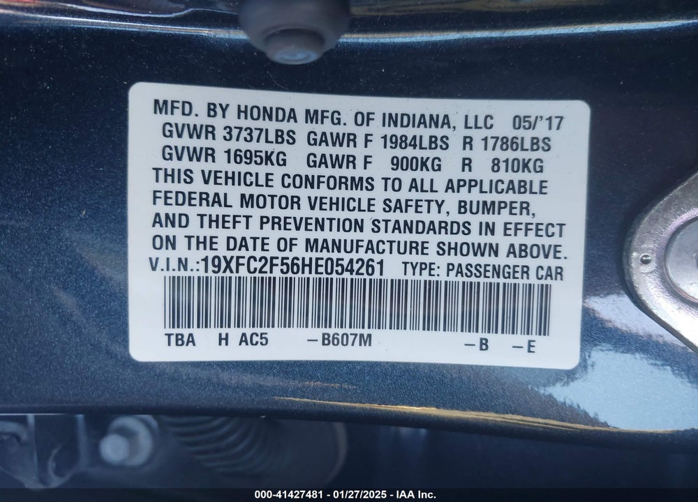 2017 HONDA CIVIC VIN: 19XFC2F56HE054261