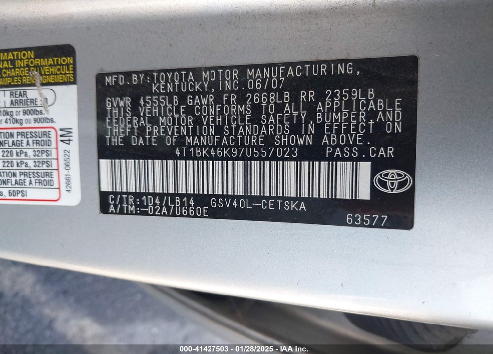 2007 TOYOTA CAMRY VIN: 4T1BK46K97U557023