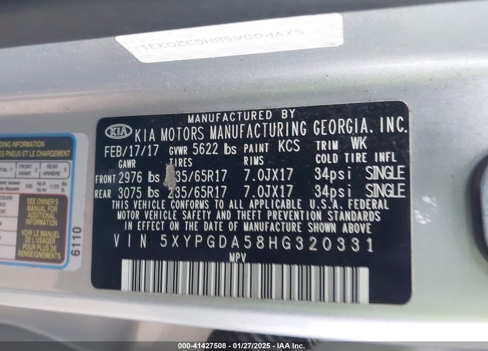 2017 KIA SORENTO VIN: 5XYPGDA58HG320331
