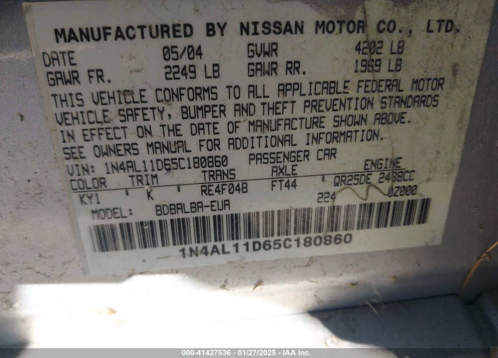 2005 NISSAN ALTIMA 2.5 S VIN: 1N4AL11D65C180860