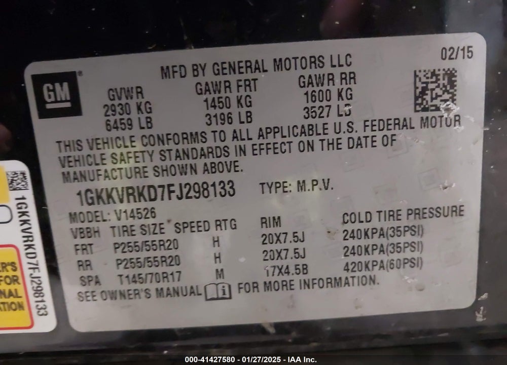 2015 GMC ACADIA SLT-1 VIN: 1GKKVRKD7FJ298133