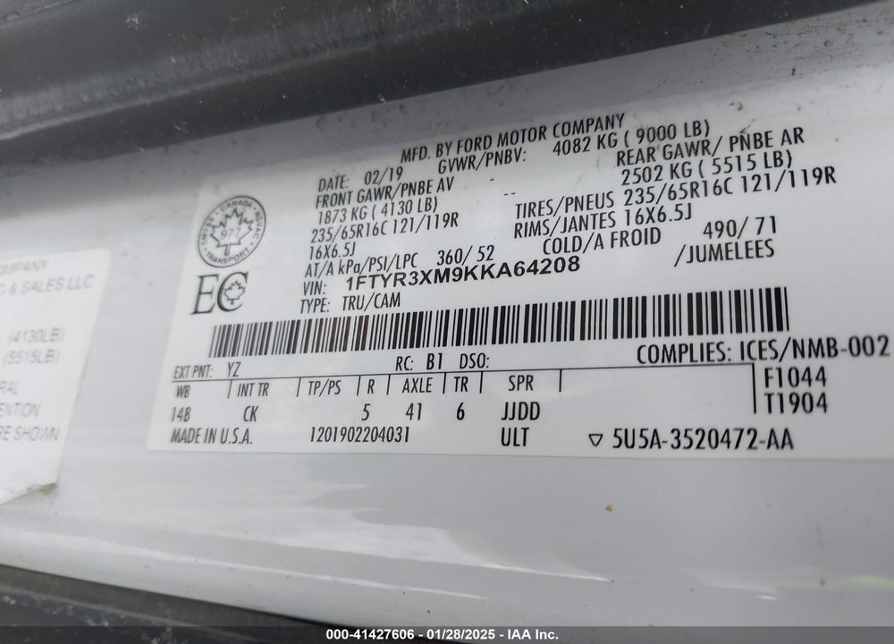 2019 FORD TRANSIT-250 VIN: 1FTYR3XM9KKA64208
