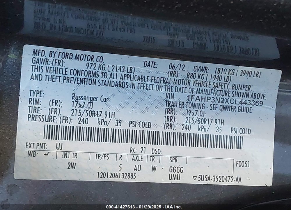 2012 FORD FOCUS VIN: 1FAHP3N2XCL443369