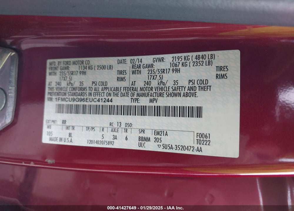 2014 FORD ESCAPE SE VIN: 1FMCU9G96EUC41244