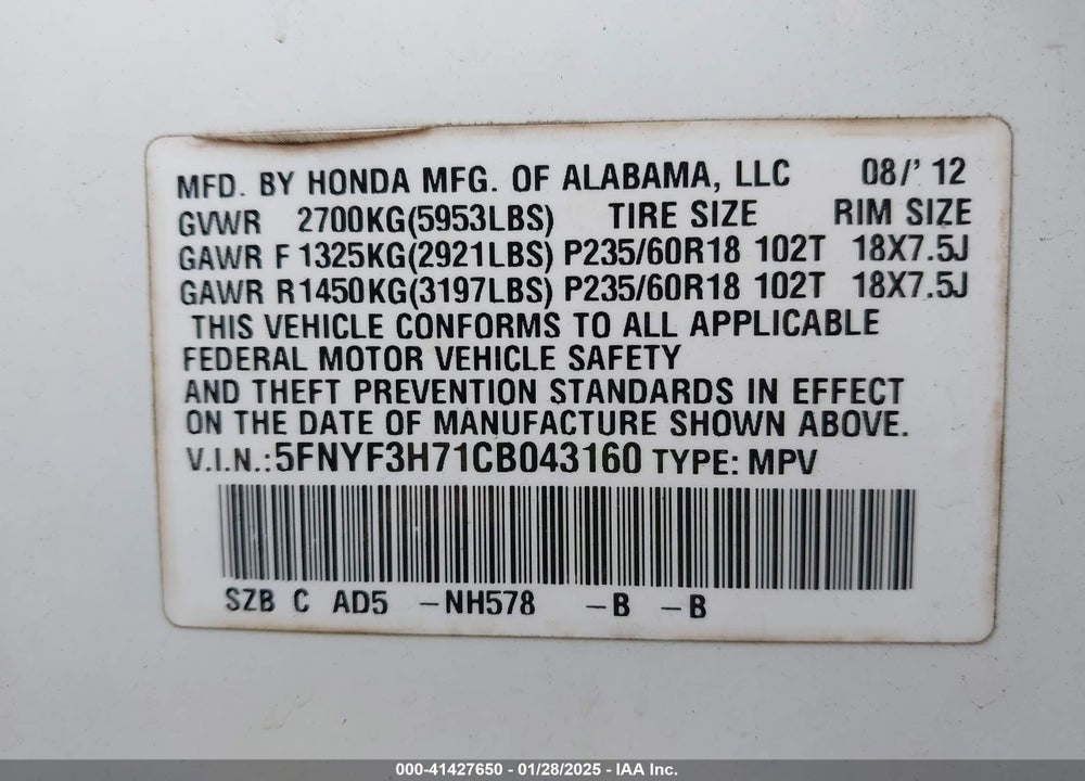 2012 HONDA PILOT EX-L VIN: 5FNYF3H71CB043160
