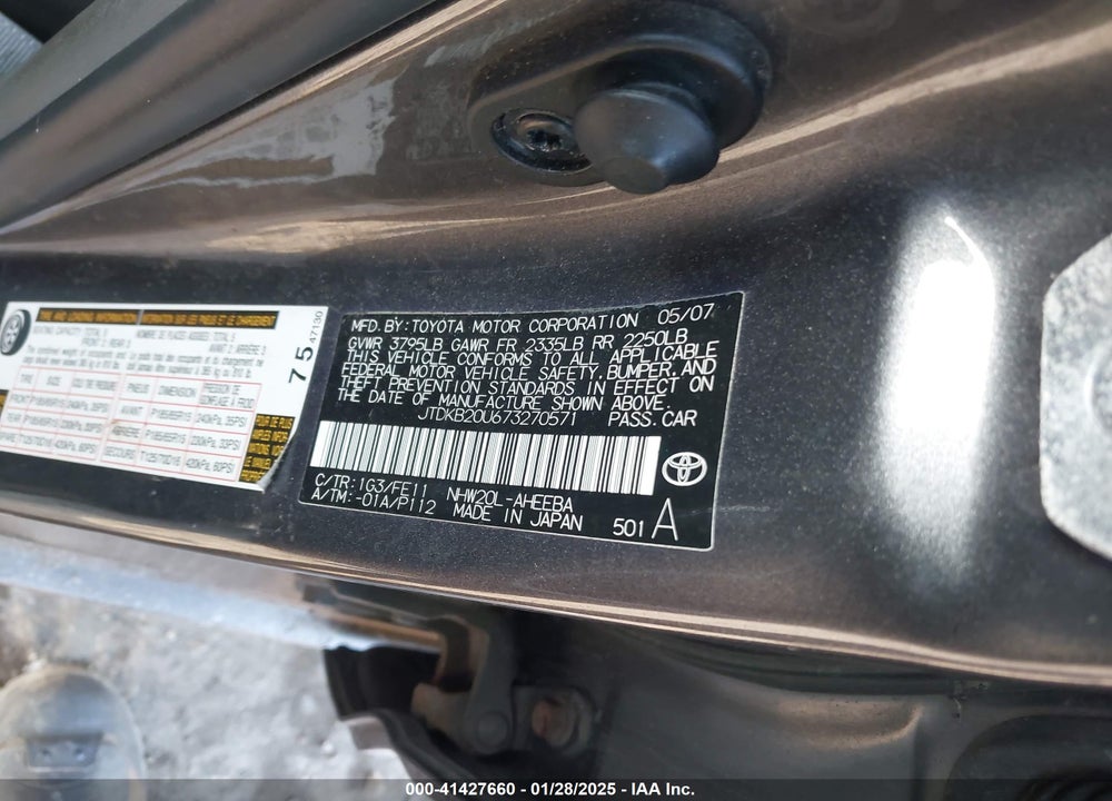 2007 TOYOTA PRIUS VIN: JTDKB20U673270571