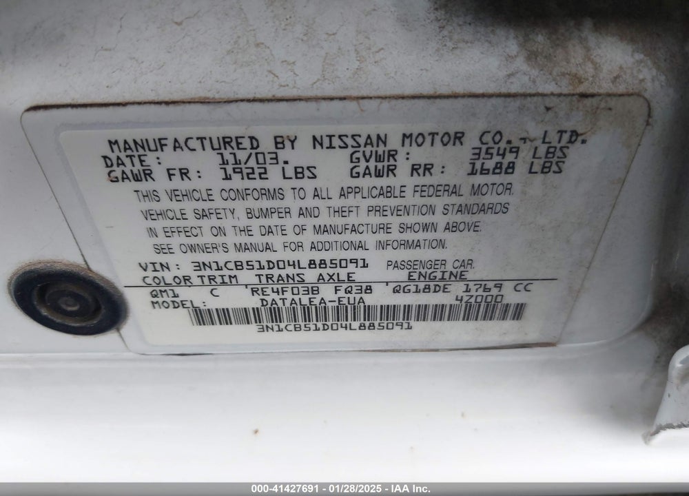 2004 NISSAN SENTRA 1.8S VIN: 3N1CB51D04L885091