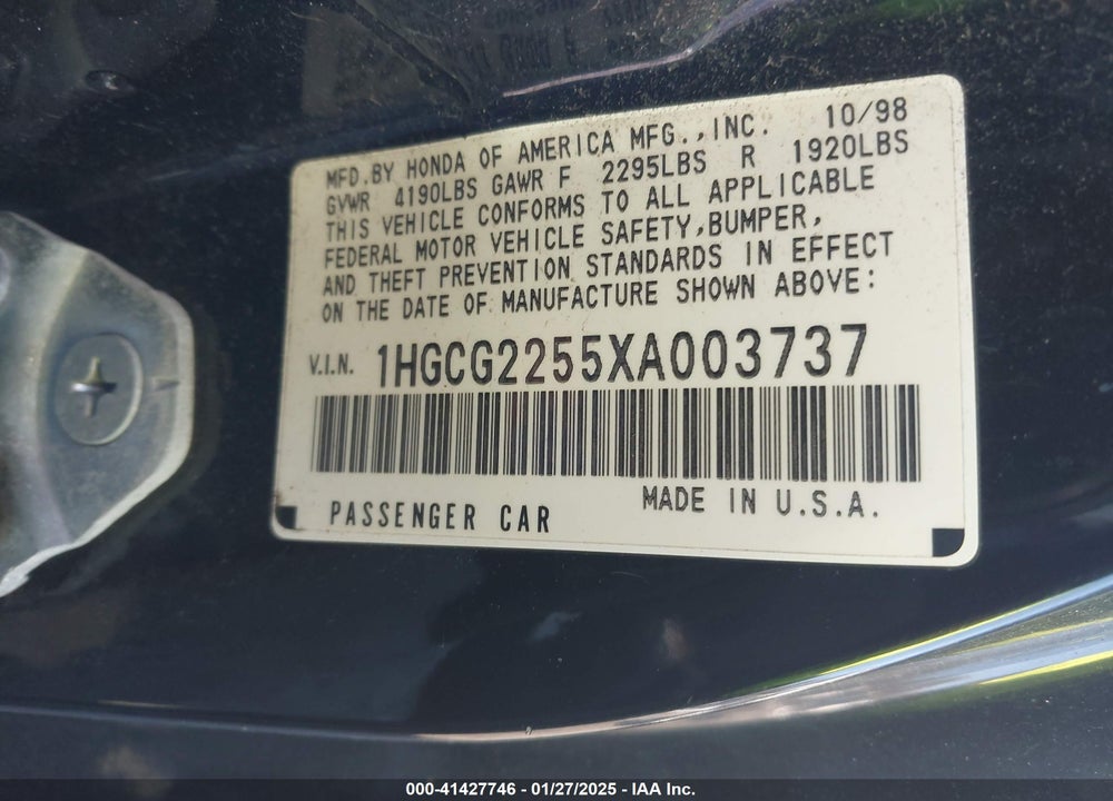 1999 HONDA ACCORD EX V6 VIN: 1HGCG2255XA003737